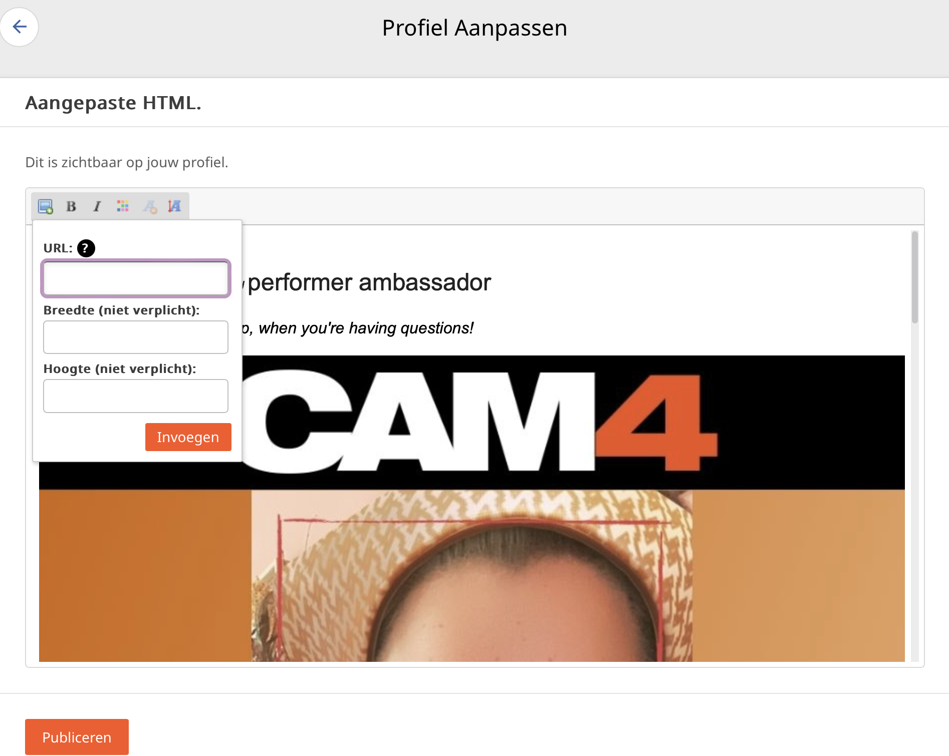 Voorbeeld: Bio toevoegen aan profiel op CAM4